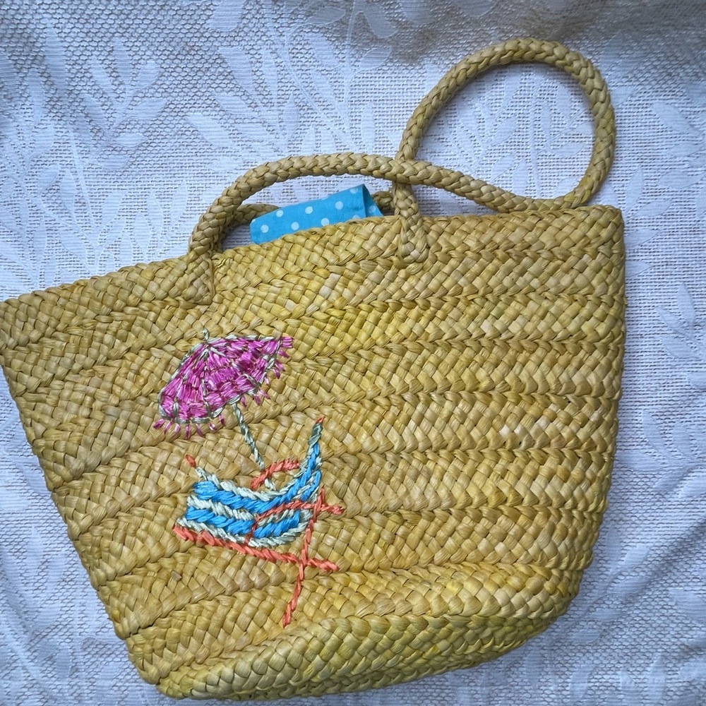 Quacker Factory Corn Husk Beach Tote Bag Lounge Chair Polka Dot Lined